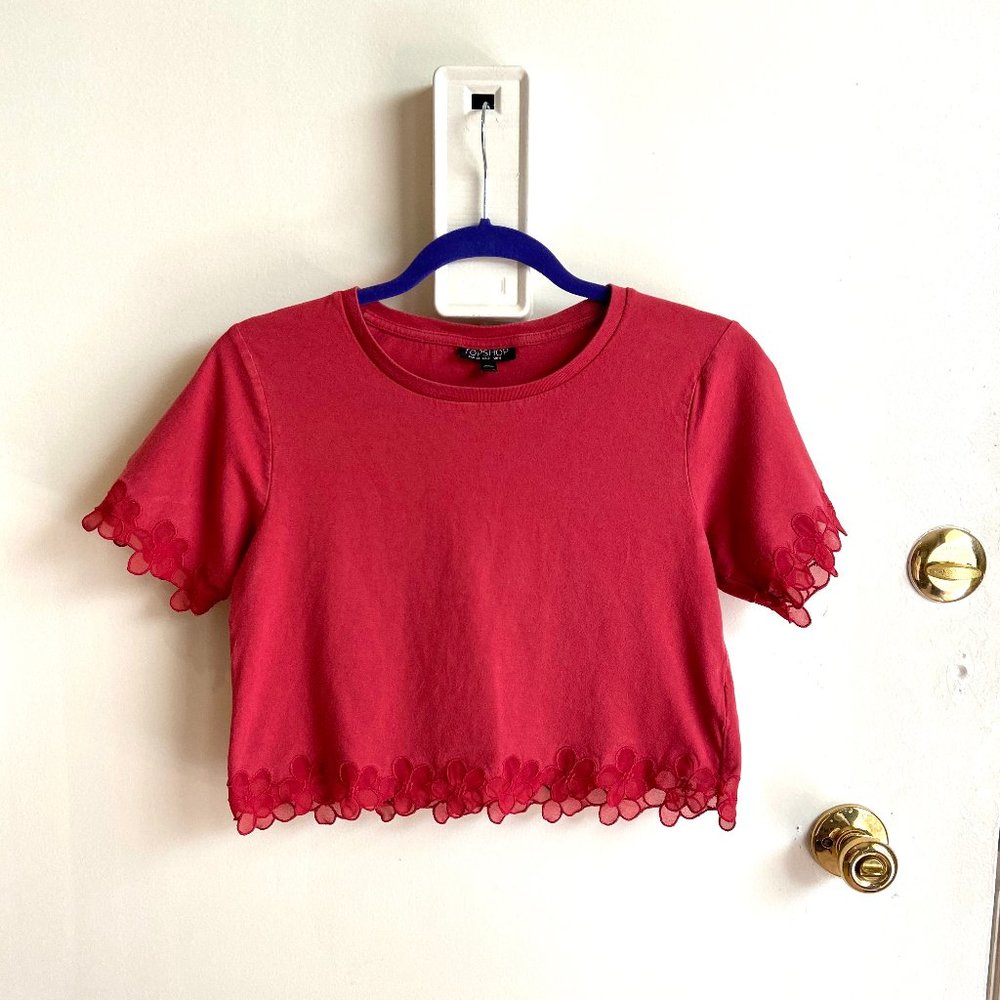 Cropped Tee w/ Floral Trim